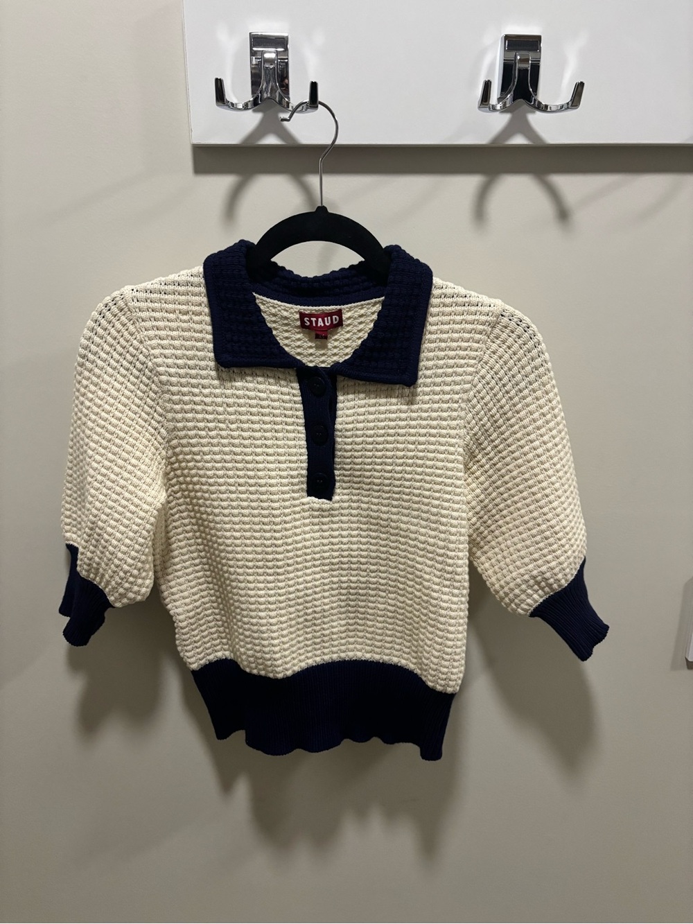 STAUD Cream and Navy Knit Polo Sweater